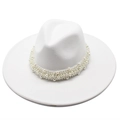 Elegant white wool fedora with a 9.5cm wide brim and multi-row pearl band decoration - Adult 57-59cm / White