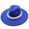 Detail of royal blue wool fedora hat featuring an elegant pearl-embellished band decoration - Adult 57-59cm / Blue