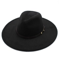 Detailed macro view of black wool felt fedora with decorative brown leather band and studs - Black