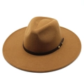 Classic dark camel wool felt jazz fedora with wide brim and leather band with gold rivets - Adult 57-59cm / Light Coffee