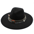 Ethnic wool fedora hat with turquoise beads and embroidery on wide brim band - Adult 57-59cm / Black