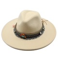 Beige wide brim wool fedora hat with ethnic turquoise beaded band and tassel detail - Adult 57-59cm / Beige