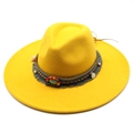 Detail of yellow wool fedora featuring ethnic woven band, turquoise bead and coin charm - Adult 57-59cm / Yellow