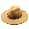 Detail view of khaki wool fedora featuring colorful beaded band and grey fringe trim - Adult 57-59cm / Camel