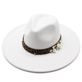 White wool felt jazz hat with 9.5cm wide brim and leopard print pearl trim detail - White