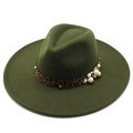 Dark green wool fedora with 9.5cm wide brim featuring leopard print band and pearls - Army Green
