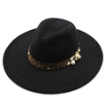 Black wide brim wool fedora hat with leopard print band and pearl floral accents - Black