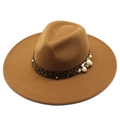 Classic camel wool fedora hat with 9.5cm wide brim and pearl leopard ribbon band - Light Coffee