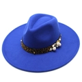 Detail of electric blue fedora with leopard print band and faux pearl flower ornaments - Blue