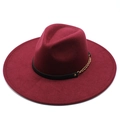 Close-up of wool fedora hat featuring a black leather band and gold chain detail - 57-59cm / Burgundy