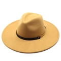 Detail of ginger wool fedora hat featuring black leather band and gold metal chain link - 57-59cm / Camel