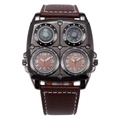 Oulm big dial dual time quartz watch with brown leather strap and grey matte metal case - Coffee Strap Coffee Face