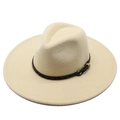 Beige wide brim wool fedora hat with leopard print band and gold buckle on white background - Adult 57-59cm / Beige