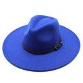 Close-up of royal blue wool fedora hat with 9.5cm wide brim and leopard print belt - Adult 57-59cm / Blue