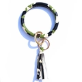 Detail showing camouflage pattern leather O-ring bracelet with tassel and gold metal clasp - Army Green Camo