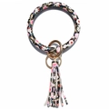 Floral print leather key ring bracelet with tassel and gold metal ring hardware - Peony