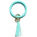 Detail of Tiffany blue leather keychain bracelet with golden clasp and long fringe tassel - Mint Green