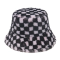 Bob d'hiver pour femme en fausse fourrure à damier rose et gris, style rétro chic - Damier Rose et Gris / Rose