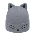 Winter knitted beanie in grey with cute fox ears and cartoon facial embroidery - M (56-58cm) / Gray