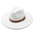 White wool fedora hat with a 9.5cm wide brim and brown leather decorative band - Adult 57-59cm / White