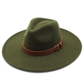 Detail of dark green wide brim fedora with brown leather band and silver buckle - Adult 57-59cm / Army Green