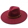 Burgundy wool felt wide brim jazz hat with leather band and metal buckle for men and women - Adult 57-59cm / Burgundy