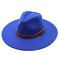 Chapeau fedora bleu en laine à large bord avec sangle en cuir marron pour homme et femme - Adulte 57-59cm / Bleu