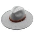 Classic grey wool fedora hat with wide brim and decorative brown leather band buckle - Adult 57-59cm / Light Gray