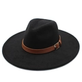 Détail d'un chapeau en laine noir à bord large de 9,5 cm avec ruban en cuir brun - Adulte 57-59cm / Noir