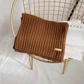 Thick dark brown ribbed knit scarf with a gold handmade metal tag on a modern chair - 175cm / Coffee