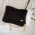 Thick black knitted scarf with vertical texture and handmade metal tag for winter warmth - 175cm / Black