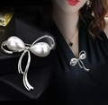 Elegant silver bow brooch with drop pearls and sparkling rhinestones for women - Silver Bow Pearl