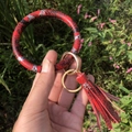 Snake pattern print leather wristlet keychain with fringe tassel and gold metal ring - Red & White Snake