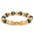 Golden Pixiu and Obsidian beads bracelet with Six-Word Mantra engraved on black stones - Double Pixiu Six Word Mantra Style