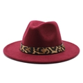 Detail of burgundy fedora hat with leopard print band and golden metal buckle - M (56-58cm) / Burgundy