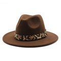 Detail of wool fedora hat featuring leopard print band and golden metal buckle decor - M (56-58cm) / Dark Coffee