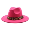 Detail of rose red fedora hat with leopard print band and golden buckle ornament - M (56-58cm) / Rose Red