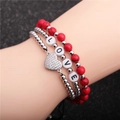 Set de trois bracelets bohèmes avec perles rouges marbrées, lettres LOVE et pendentif cœur - Ensemble Platine