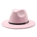 Elegant light pink wide brim wool fedora hat with black leather band for men and women - M (56-58cm) / Pink