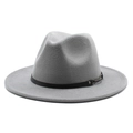 Classic grey wool fedora hat with flat brim and black leather band with metal buckle - M (56-58cm) / Light Gray