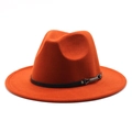 Detail of orange wool fedora hat featuring black faux leather band and silver metal buckle - M (56-58cm) / Rust red