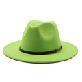 Classic green wool felt fedora hat with a black leather band and silver metal buckle - M (56-58cm) / Fluorescent Green