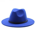 Detail of royal blue wool fedora with flat wide brim and leather band with metal buckle - M (56-58cm) / Sapphire Blue