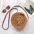 Borsa a tracolla rotonda in paglia fatta a mano con motivo a fiori e cinturino in pelle - Borsa con fiocco a 7 anelli 20*8cm