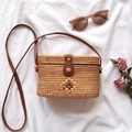 Handmade woven rattan crossbody bag in natural brown with leather strap and metal clasp - Oval Woven Bucket Bag 20*9*13cm