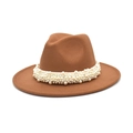 Detailed view of a brown wide-brim wool fedora hat with elegant pearl band decoration - Khaki