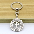 Cross keychain pendant with sparkling micro-pave crystals on a metallic round frame - Keychain / Silver