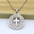 Silver round cross pendant necklace featuring micro-set rhinestones and a bead chain - Necklace / Silver