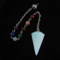 Opalite hexagonal point pendulum necklace with seven chakra stones on a silver chain - Opal With 7 Chakras Bead Chain