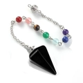 Healing black natural stone hexagonal pendulum necklace with colorful chakra beads - Black Agate With 7 Chakras Bead Chain